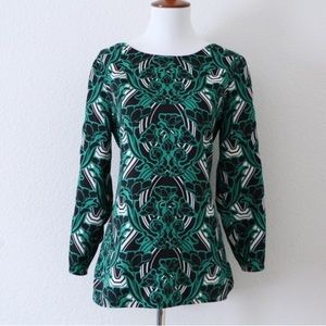 J. Crew Green & Black 3/4 Sleeve Print Blouse with Keyhole Back Size 6